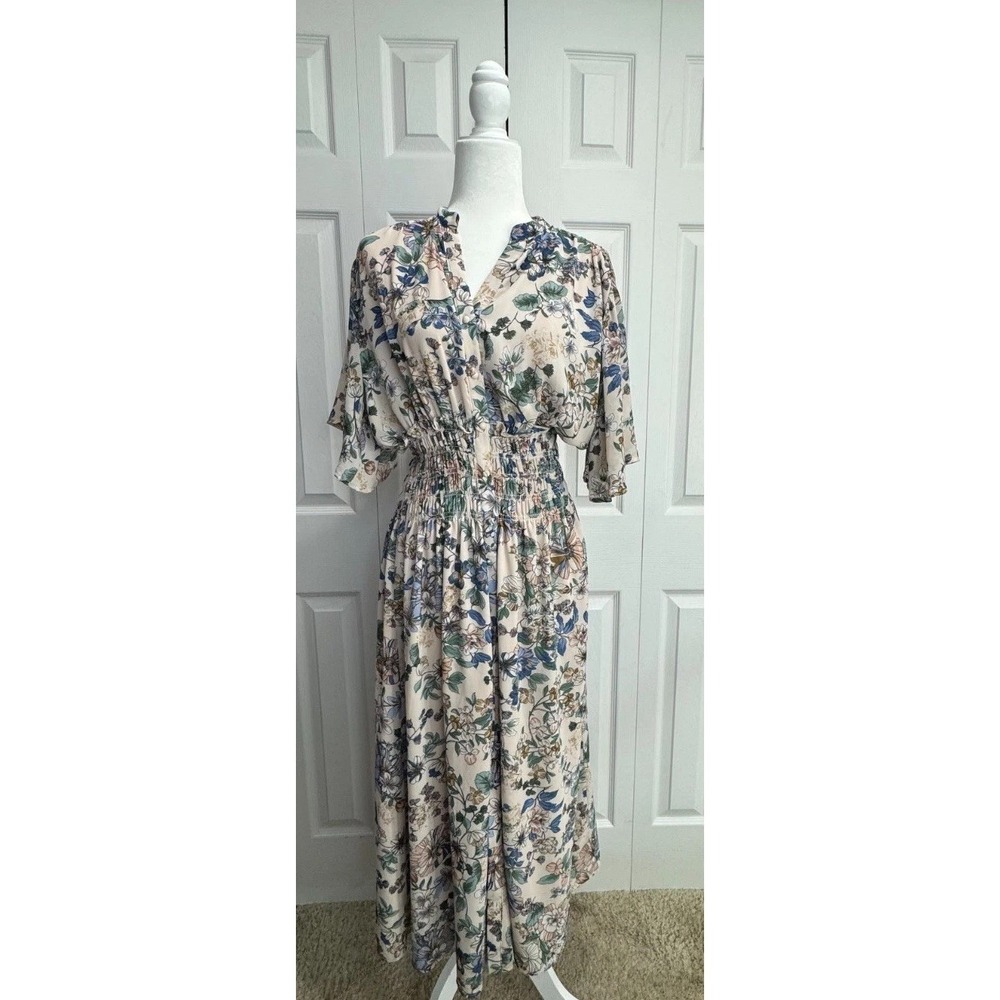 Bohme Teo Floral Maxi Dress Women's Small Beige Multi Floral V-Neck Summer Boho‎